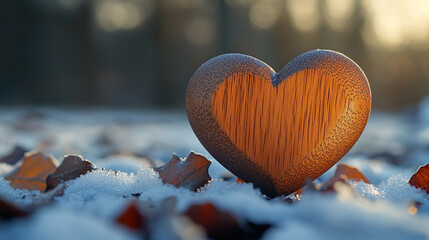 Fototapeta premium wooden heart rests on vibrant winter foliage, symbolizing love, warmth, and connection amidst the cold and snow, evoking a sense of peace and serenity in a winter wonderland setting