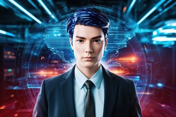 Fototapeta premium Embellished Representation of a Tech-Savvy Figure in a Cyber Threat Landscape