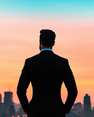 Fototapeta premium A silhouette of a man in a suit gazing at a colorful sunset over a city skyline, embodying contemplation and ambition.