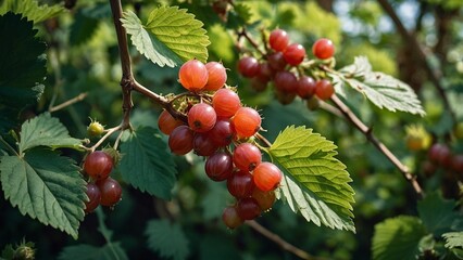 A majestic gooseberry branch, adorned with ripe berries, stands tall in a lush garden, its gnarled bark and delicate leaves a testament to its age and resilience.