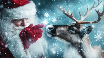 Joyful Santa Claus Interacting with Reindeer in Winter Wonderland Scene, Capturing the Spirit of Christmas Magic and Festive Cheer in a Beautifully Snowy Environment