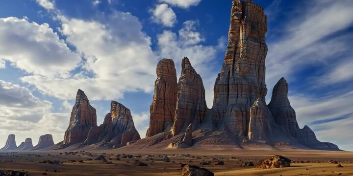 Surreal desert landscape with towering rock formations and a vast open sky, 4K Video