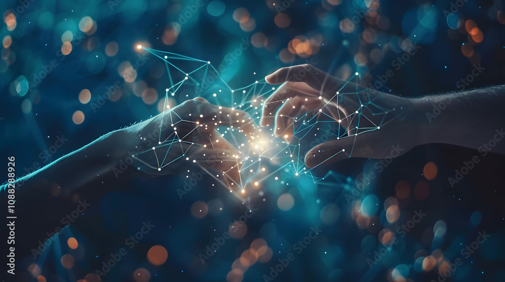 Poster ai, machine learning, hands of robot and human touching on big data network connection, data exchang