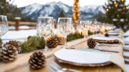 Festive Outdoor Dining Table Set Against a Snowy Mountain Backdrop, Featuring Elegant Glassware, Candles, Pinecones, and Holiday Decor Elements