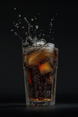 Refreshing and cold cola drink with ice cubes splashing out of the glass isolated on a black background