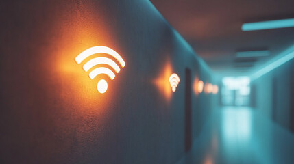 3D render of a white Wi-Fi icon symbol floating on an empty blue background, representing connectivity, communication, and digital access in a modern technological world