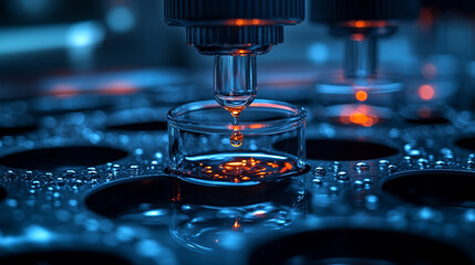 Fototapeta premium Close-up of a row of test tubes with liquid droplets inside highlighting scientific experimentation, research, and innovation in a laboratory setting
