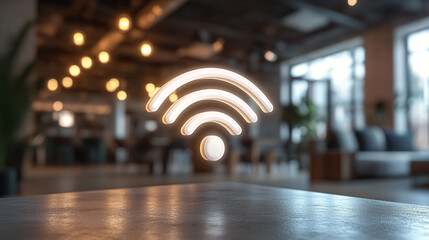 3D render of a white Wi-Fi icon symbol floating on an empty blue background, representing connectivity, communication, and digital access in a modern technological world