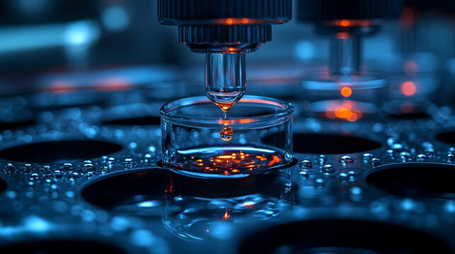 Close-up of a row of test tubes with liquid droplets inside highlighting scientific experimentation, research, and innovation in a laboratory setting
