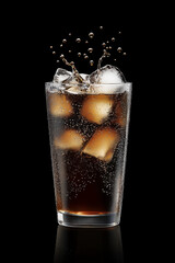 Refreshing and cold cola drink with ice cubes splashing out of the glass isolated on a black background