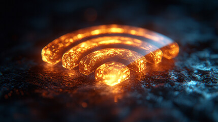 3D render of a white Wi-Fi icon symbol floating on an empty blue background, representing connectivity, communication, and digital access in a modern technological world