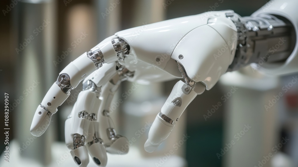 Poster An extreme close-up of a humanoid robot hand grasping an object, showcasing dexterity and fine motor skills, Robotics technology style