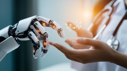 A robotic hand reaches out to interact with a human hand, symbolizing the connection between technology and healthcare.