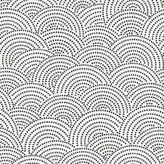 Fish-scale irregular mosaic background. Seamless Japanese style Half-circle grid dotted pattern. Oriental Asian wavy ornament. Abstract geometric monochrome vector texture.