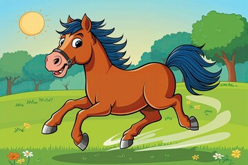 Vibrant Cartoon of Joyful Horse Running in Sunny Meadow Landscape