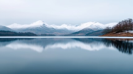 Fototapeta premium Frozen lake reflecting snow dusted mountains in serene winter landscape