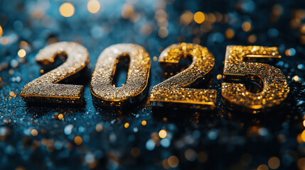 Glittering golden 2025 numbers sparkle on a festive background