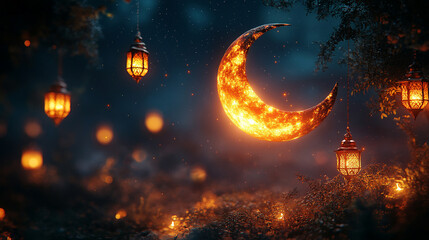 Naklejka premium crescent moon shines brightly over a dark sky filled with stars symbolizing mystery, hope, and the cyclical nature of life, evoking feelings of tranquility and cosmic wonder