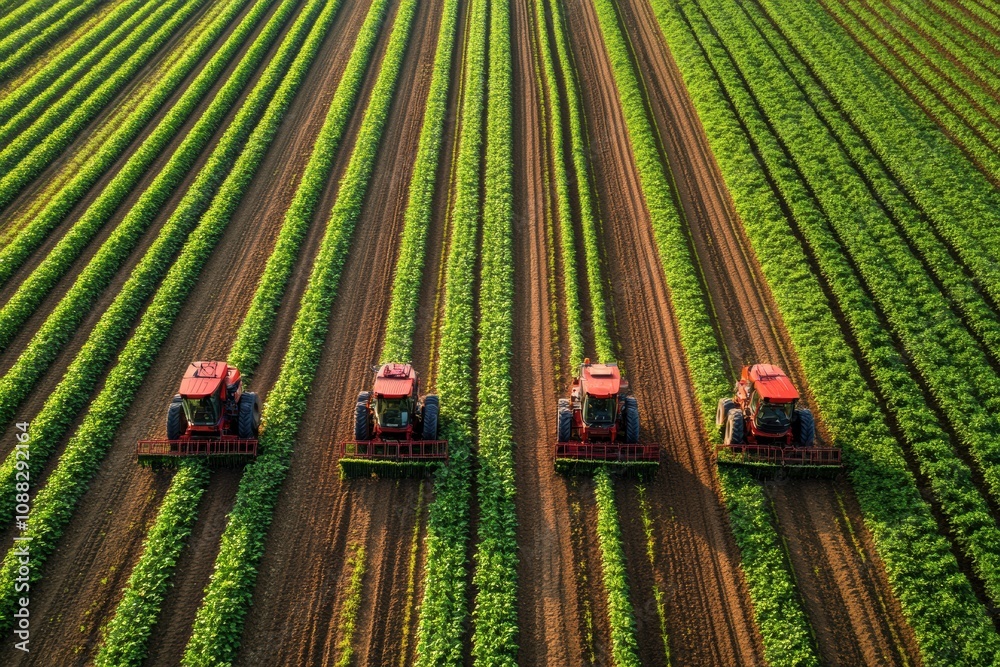 Poster Advanced robotic machines are efficiently managing crop planting and harvesting on a vast farm under clear skies. Generative AI