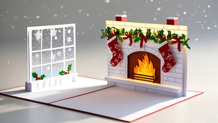 3D pop up Christmas card featuring a 2D fireplace mantel scene on a clear white background, where a warm golden light emanates from the fireplace with stockings hung by the chimney
