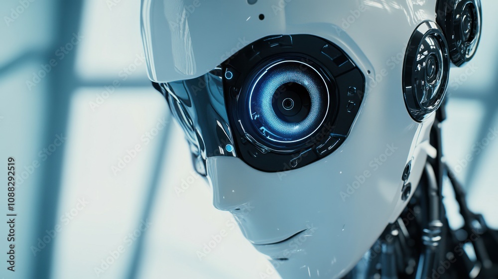 Aufkleber An extreme close-up of a humanoid robot's facial recognition camera, demonstrating biometric identification and security features, Robotics technology style