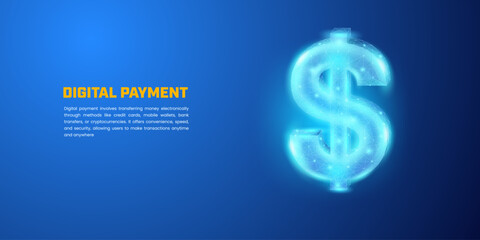 Digital payment with glowing particle wireframe style on dark blue background, suitable for illustrations of cashless payments, digital money, bank savings and stock investments.