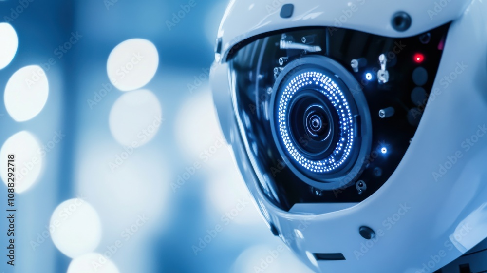 Aufkleber An extreme close-up of a humanoid robot's facial recognition camera, demonstrating biometric identification and security features, Robotics technology style