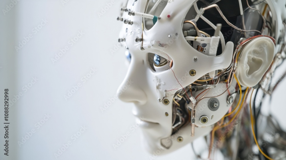 Aufkleber An extreme close-up of a humanoid robot's neural interface electrodes, showcasing brain-machine interface capabilities and neural signal processing, Robotics technology style