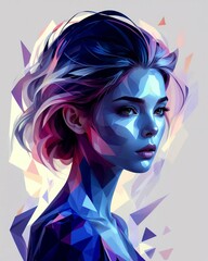 Beautiful woman illustration. Low poly graphics style. Poster in vertical format.