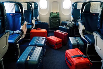 Fototapeta premium Exploring Travel Adventures with Luggage Disarray on Aircraft