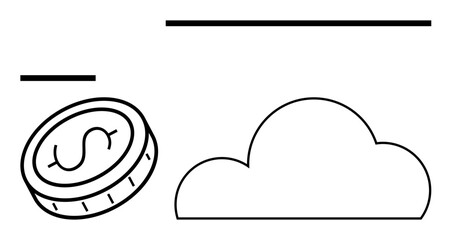 Dollar coin floating near a cloud with two horizontal lines. Ideal for financial concepts, cloud computing, investment, banking, online transactions, economic growth, and digital economy themes. Line