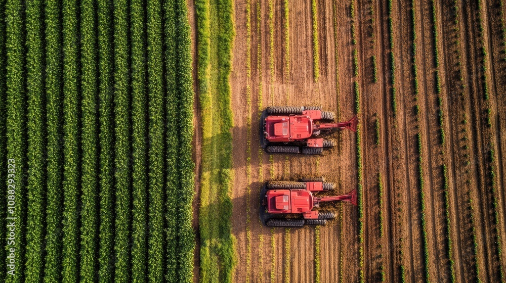 Poster Robotic machines operate diligently in a farm environment, planting and harvesting crops across well-defined rows in daylight. Generative AI