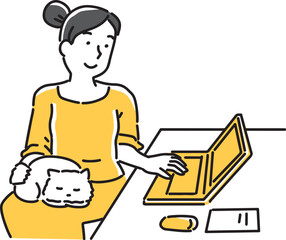 膝に猫を載せてパソコンを触る女性