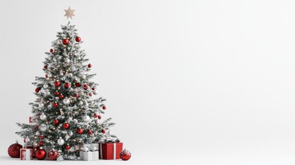 Decorated christmas tree with ornaments and lights, PNG style, white background. for festive holiday designs.