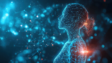 high tech abstract representation of human body in polygonal wireframe style, showcasing glowing silhouette against vibrant background. image evokes sense of innovation and technology