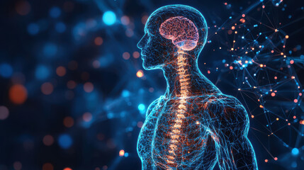 Modern abstract anatomy figure in low poly wireframe showcasing human brain and spinal cord, illuminated by vibrant connections, representing neural networks and technology