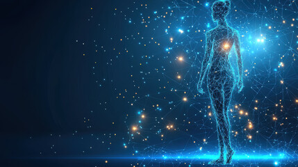 Abstract polygonal human figure in wireframe design with glowing stars