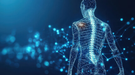 Futuristic low poly human body model with glowing spine and network. This digital representation showcases intricate connections within human form, emphasizing technology and anatomy