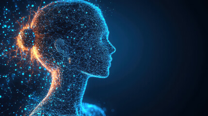 Naklejka premium futuristic low poly human body model with polygonal design, showcasing profile view illuminated by vibrant blue and orange lights. intricate network of lines and nodes creates stunning visual effect