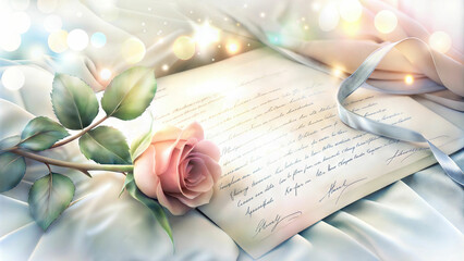 Romantic love letter with a rose on soft silky fabric, dreamy and elegant mood, copy space