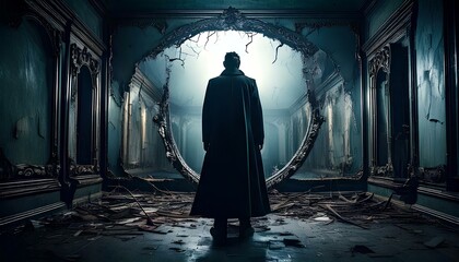 Naklejka premium Phantom Reflection - Hooded Figure in a Ruined Mansion