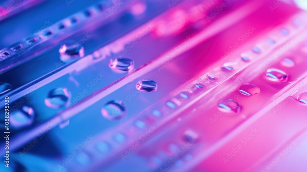 Poster An extreme close-up of a microfluidic lab-on-a-chip device, showing integrated channels and biochemical reactions, Microfluidics technology style