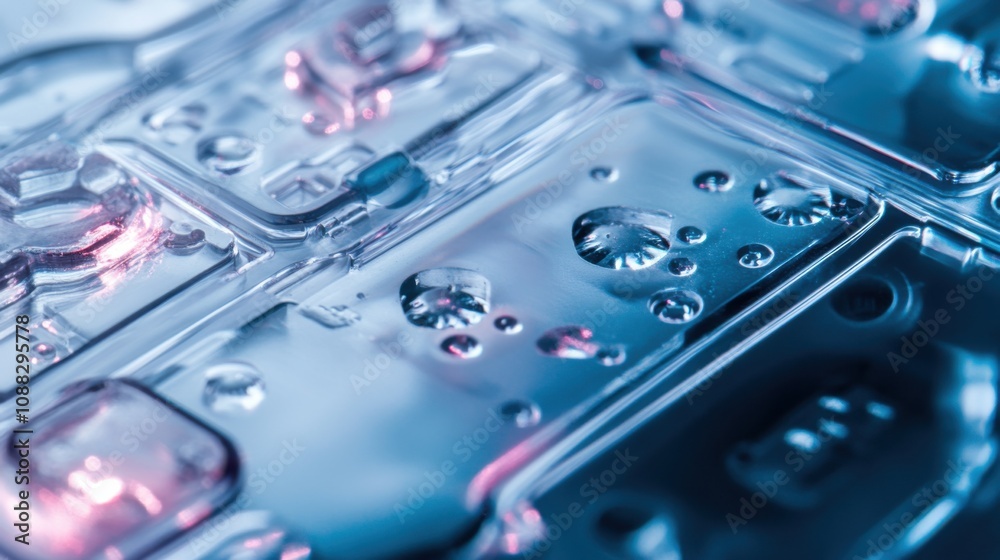 Fototapete an extreme close-up of a microfluidic lab-on-a-chip device, showing integrated channels and biochemi