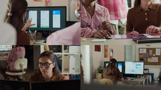 Split screen of three multiethnic colleagues focusing on collaborative tasks in modern office environment, filled with teamwork and technological engagement for innovative solutions