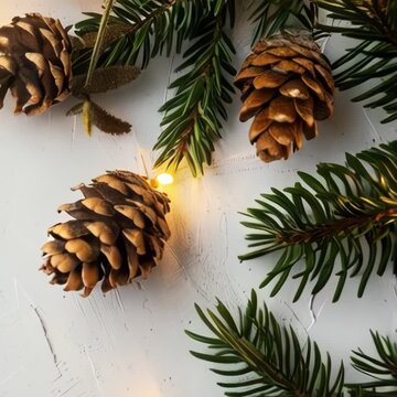 a festive arrangement featuring pine cones and evergreen branches. There are three pine cones placed on a white surface, surrounded by green pine needles. A small, warm white light is illuminating one