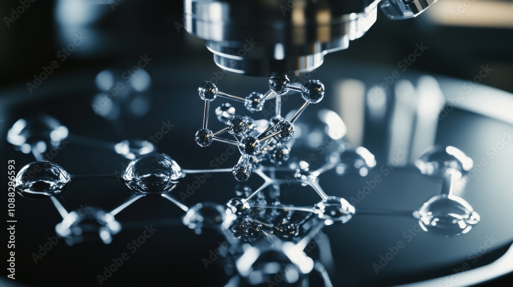Poster An extreme close-up of a molecular 3D printer assembling nanostructures atom by atom for material synthesis, Molecular 3D printing technology style, photo of