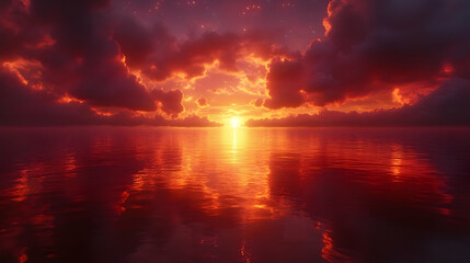 Fiery Sunset Over Water, Dramatic Sky with Clouds, Orange and Red Tones, Digital Art Illustration