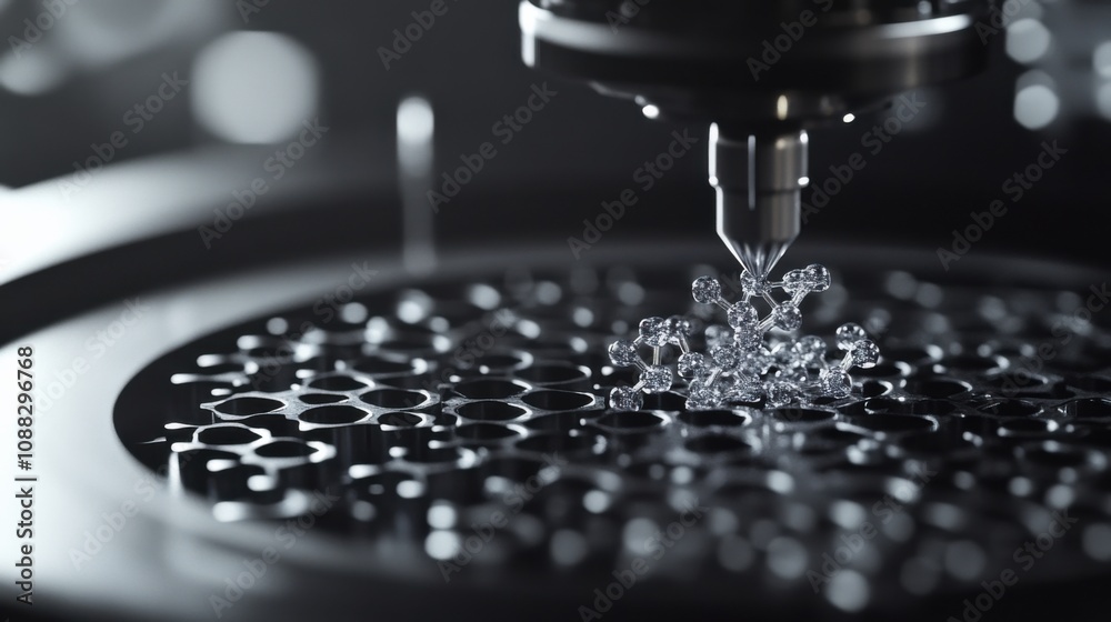Poster an extreme close-up of a molecular 3d printer assembling nanostructures atom by atom for material sy
