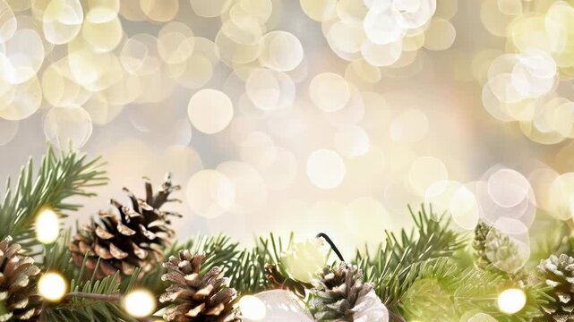  a festive, holiday-themed background. At the bottom, there is a garland made of green pine branches adorned with pine cones and small white lights. The background is a soft, out-of-focus bokeh effect