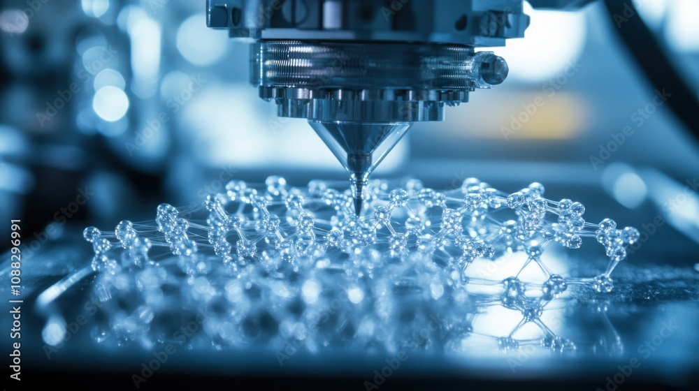 Poster an extreme close-up of a molecular 3d printer, assembling intricate nanostructures with precision, n